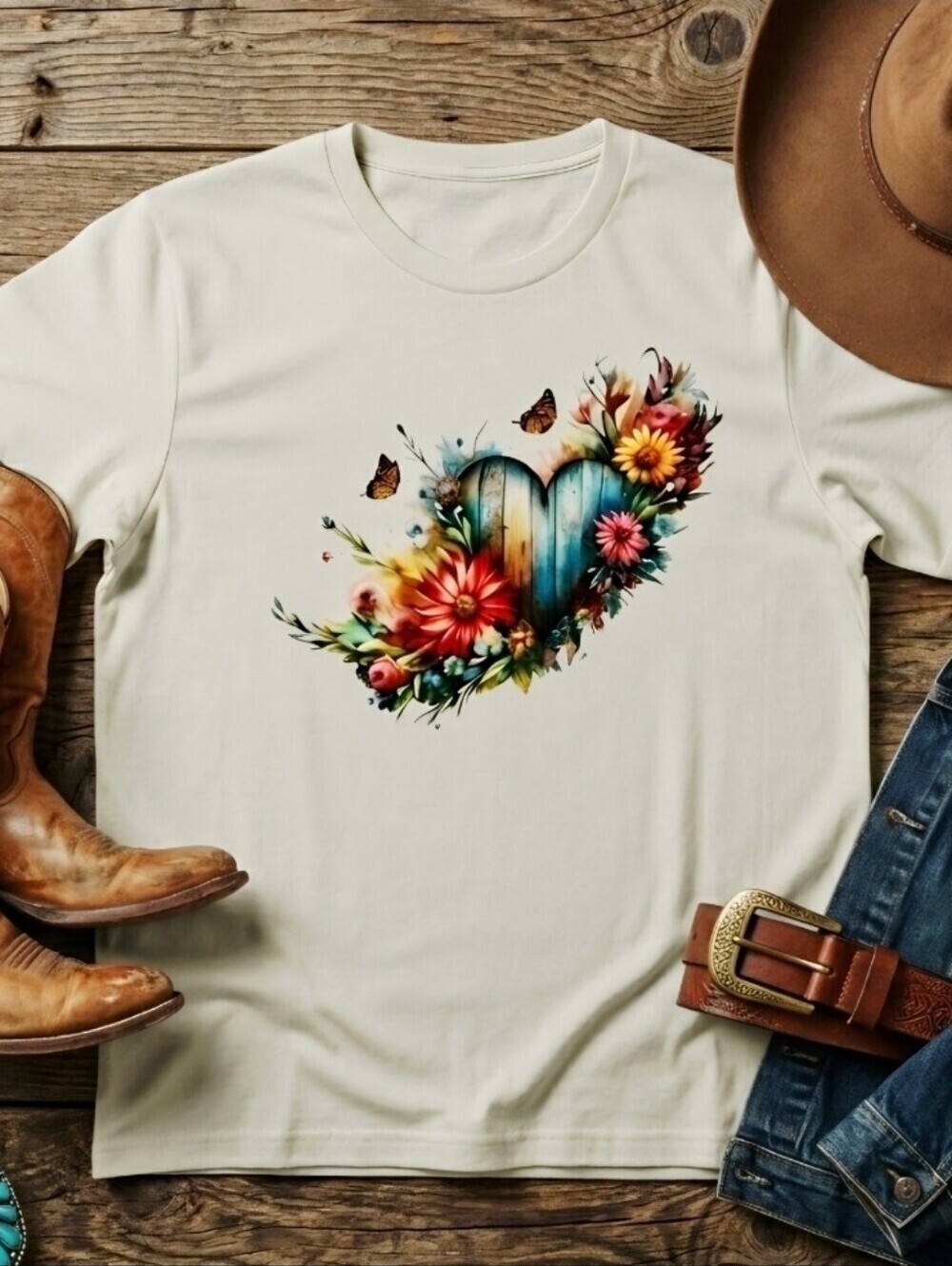 Rustic Floral Heart Tee • Turquoise Wood Heart Shirt • Boho Country Graphic Top